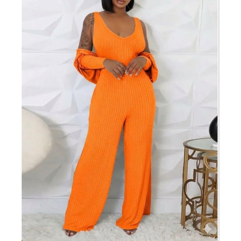 Orange Ribbed Jumpsuit & Shrug Set